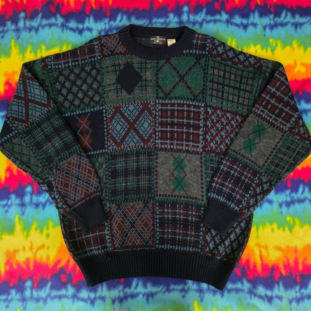 Italian Sweater Co Mens XL Patchwork Argyle Plaid Wool Blend Crewneck Italy Navy